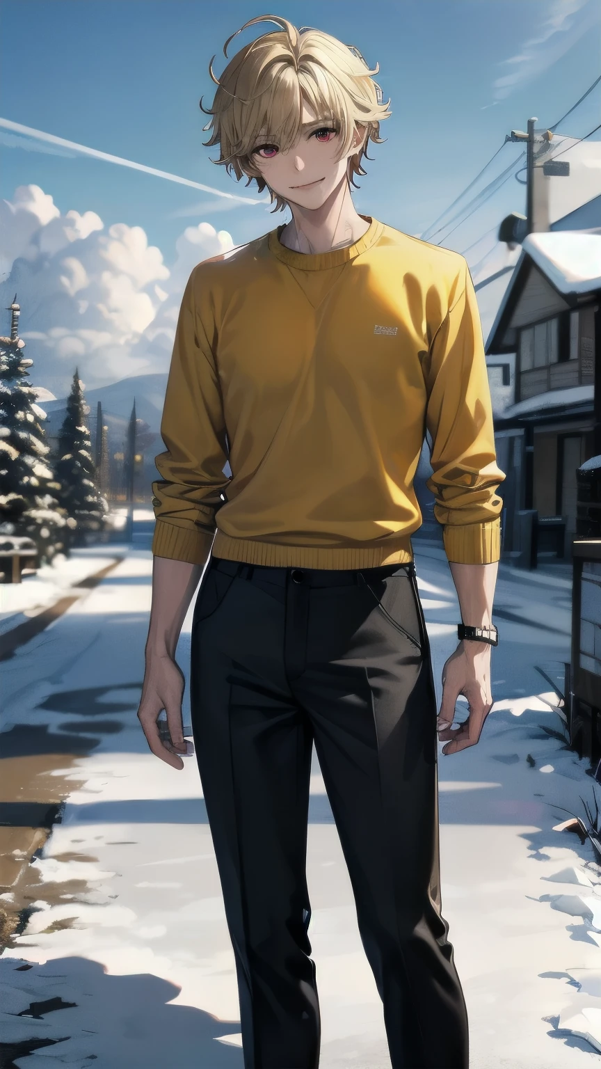 (masterpiece), best quality, expressive eyes, perfect face, mature male, (1boy, handsome man), solo, blond hair, messy hair, red eyes BREAK muscle growth, snow forest, ice, icy floor, cloudy sky, standing, yellow sweater BREAK black pants BREAK closed mouth, smile,