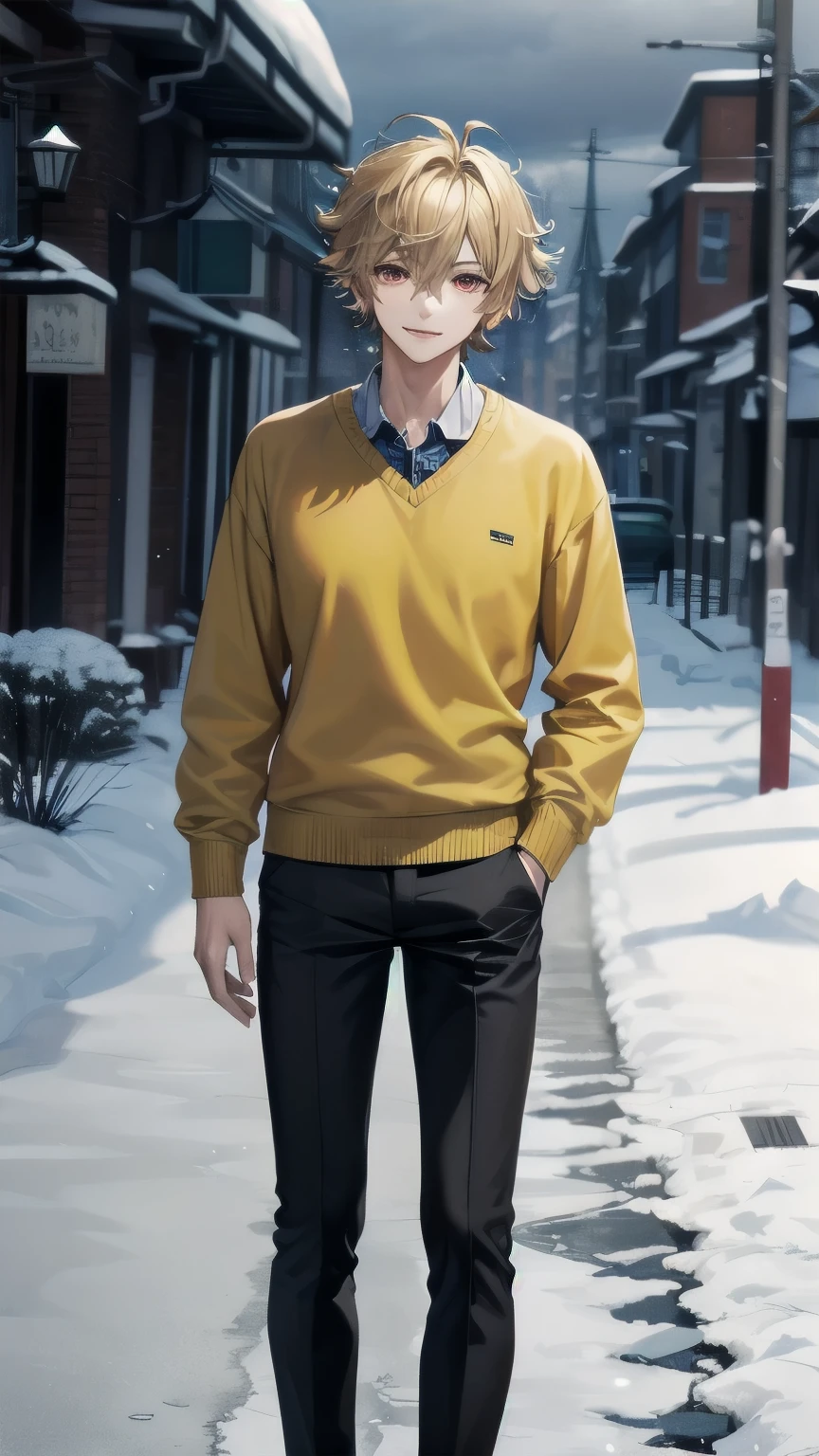 (masterpiece), best quality, expressive eyes, perfect face, mature male, (1boy, handsome man), solo, blond hair, messy hair, red eyes BREAK muscle growth, snow forest, ice, icy floor, cloudy sky, standing, yellow sweater BREAK black pants BREAK closed mouth, smile,