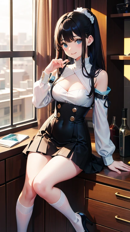 masterpiece, highest quality, One girl, View your viewers, Small waist, RAW Photos, Ultra-realistic, High resolution、Idol、Thighs, beautiful girl,View your viewers, Small waist,Symmetrical face, whole body、White OL Uniform、Skin-tight clothing、No sleeve、Tight Skirt、Knee socks、Cleavage、Large Breasts、Beautiful clavicle、Long Hair、Beautiful navel、Shyness、Happy expression、office、High heels