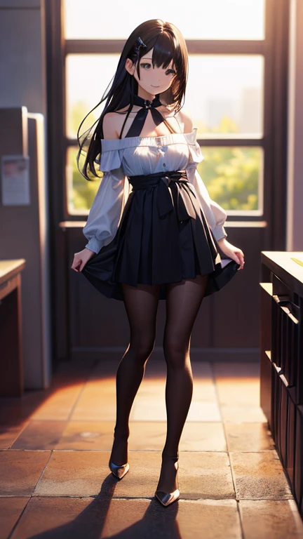 masterpiece, highest quality, One girl, View your viewers, Small waist, RAW Photos, Ultra-realistic, High resolution、Idol、Thighs, beautiful girl,View your viewers, Small waist,Symmetrical face, whole body、White OL Uniform、Skin-tight clothing、No sleeve、Tight Skirt、Knee socks、Cleavage、Large Breasts、Beautiful clavicle、Long Hair、Beautiful navel、Shyness、Happy expression、office、High heels