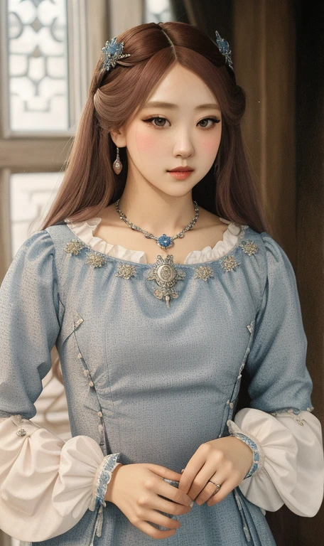 un primer plano de una mujer con un vestido azul y un collar, con un vestido estilo Tudor, Llevar elegantes ropas Tudor, amazing fabric, Medieval, Princesa Medieval, Estilo de Juego de Tronos, Ropa Tudor, ulzzang, maquillaje popular de Corea del sur