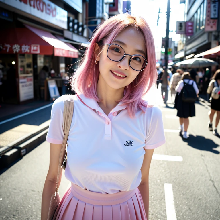 An unforgettable smile,Floating Hair, Flowing Hair, Pink Hair, Shortcuts,ピンク iris, Two-tone hair, Beautiful fine hair, Exquisite and beautiful face,, Clear Eyes, Soft lips, iris, Ultra Wide Angle,Whole body shot, 最high quality、masterpiece、超A high resolution、(Photorealistic:1.4)、Highly detailed CG Unity 8k wallpaper、Detailed and complex、original、High resolution、Raw photo、(Perfect figure)、Detailed and complex,、Digital SLR、Soft Lighting、high quality、Film Grain、Depth of written boundary、Leica Camera、50mm lens、Backlight、High resolution、Ultra-realistic、Color Grade、Dynamic Pose、Portrait、Japanese、Bans、(Crowded Akihabara:1.2)、Front View Viewer、Natural soft light、With a girl、20-year-old、Full Body Lesbian、solo、 student、University、uniform、Sailor collar、Bobby Socks、Pleated skirt、Daytime、in Street、Deep Shadow、cute、Beauty、Wearing square glasses、Inconspicuous、Cold light 12000K \\ Street、Store status、Akihabara、Shinjuku、Shibuya Ward、Ikebukuro、detailed and realistic、Skin Texture、Ultra-detailed、リアルなSkin Texture、(dramatic、Award-winning photo、信じられないほどのmasterpiece:1.3)