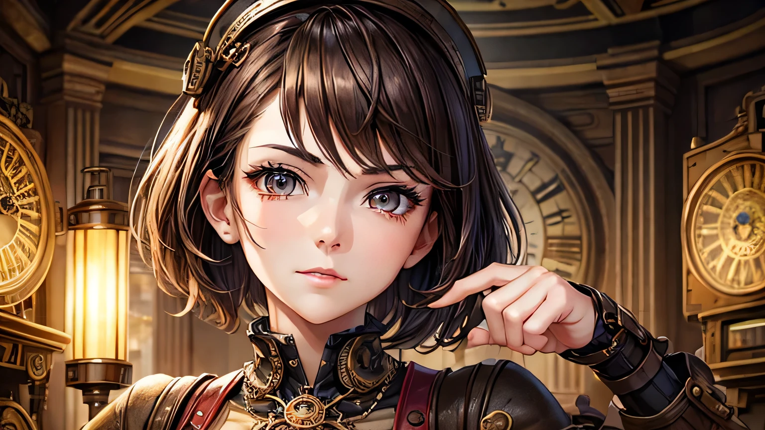 woman、Age 25、short hair、Brown Hair、Steampunk costumes、Detailed, high-quality facial expression、Detailed and high-quality eye depiction、Detailed and high-quality costume depiction、Steampunk medieval background、Gear elements、Analog Clock Element、Nixie tube element、