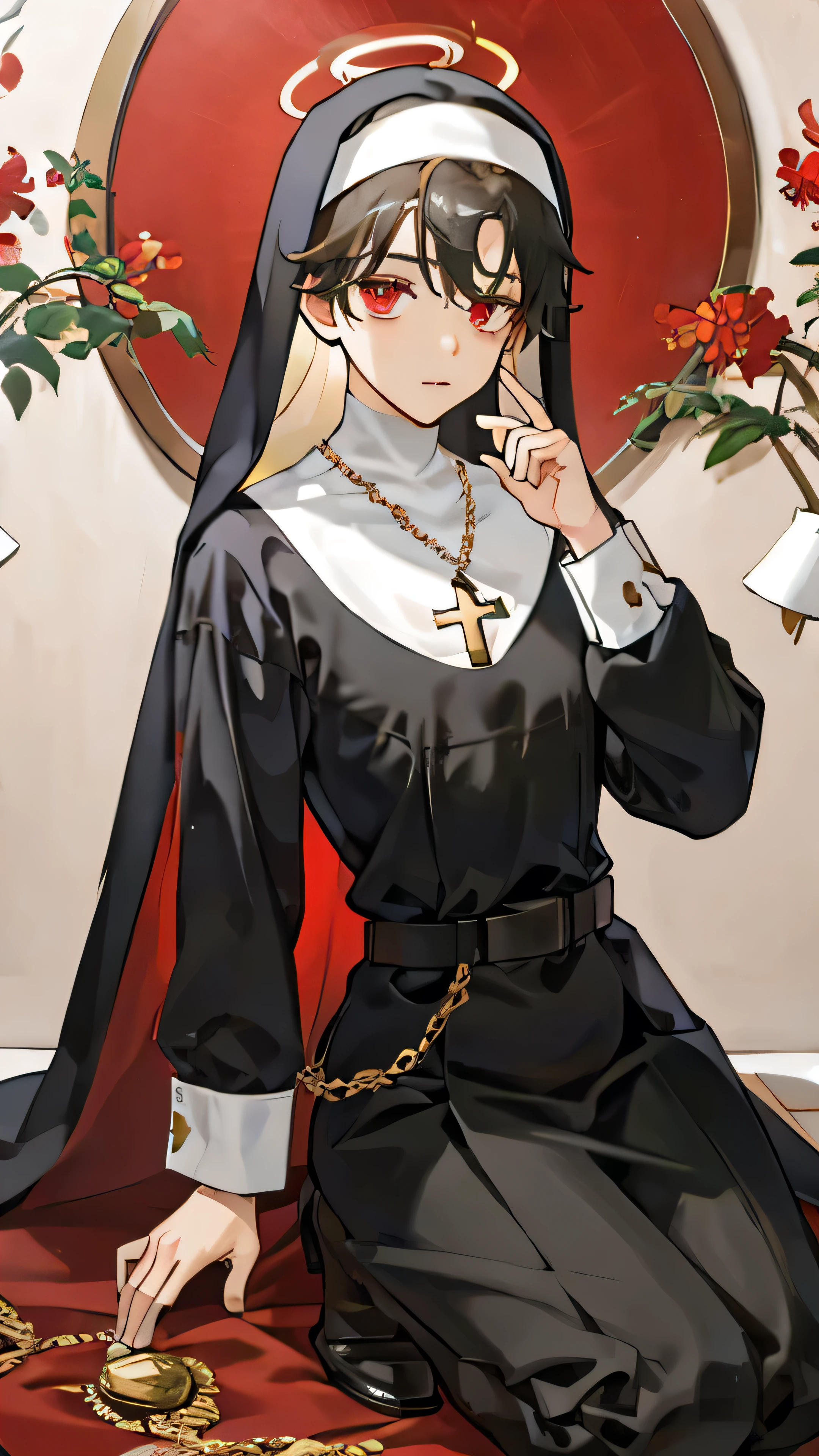 (ultra-detailed, fragile male body: 1.5, shy boy expression: 1.2), (wide hips: 1.5, exaggerated curves), (black hair, shimmering in the dimly lit room), (red eyes, expressive and full of emotion), (blush, rosy and shy), (femboy nun outfit: 1.4),
BREAK, intricately designed habit,
BREAK, delicate embroidery,
BREAK, veil covering the face,
BREAK, rosary beads in hand,
BREAK, thigh-high black boots,
BREAK, halo casting