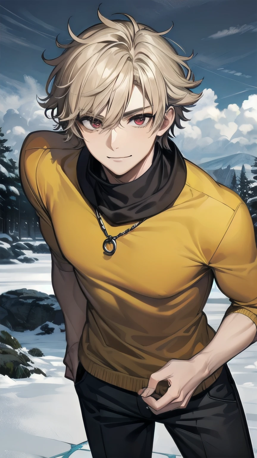 (masterpiece), best quality, expressive eyes, perfect face, mature male, (1boy, handsome man), solo, blond hair, messy hair, red eyes BREAK muscle growth, snow forest, ice, icy floor, cloudy sky, standing, yellow sweater BREAK black pants BREAK closed mouth, smile, 