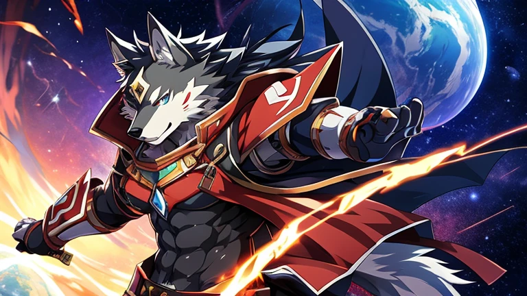 furry, male, anthro, (Wolf Tail), Solo, (Realistic eye details:1.2), (beautiful detailed eyes), anime character there is a Wolf man in a space setting with a planet in the background, dapper dream demon, best anime 4k konachan wallpaper, official artwork, gurren lagann, guilty gear strive splash art, anime style 4 k, key anime art, badass anime 8 k, high detailed official artwork, pixiv contest winner, cyber space cowboy, shigenori soejima illustration, full body like, slim body, in a panoramic view, good looking, splash art, anime style, 8k, 4k anime wallpaper, anime art wallpaper 8 k, 2 d art, 2d art, badass anime 8 k, anime art wallpaper 4k, detail art