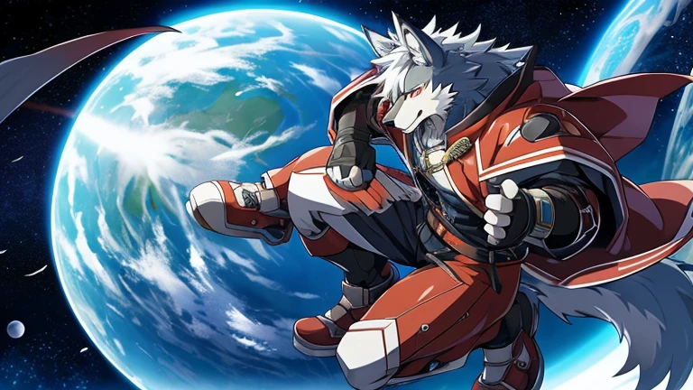 furry, male, anthro, (Wolf Tail), Solo, (Realistic eye details:1.2), (beautiful detailed eyes), anime character there is a Wolf man in a space setting with a planet in the background, dapper dream demon, best anime 4k konachan wallpaper, official artwork, gurren lagann, guilty gear strive splash art, anime style 4 k, key anime art, badass anime 8 k, high detailed official artwork, pixiv contest winner, cyber space cowboy, shigenori soejima illustration, full body like, slim body, in a panoramic view, good looking, splash art, anime style, 8k, 4k anime wallpaper, anime art wallpaper 8 k, 2 d art, 2d art, badass anime 8 k, anime art wallpaper 4k, detail art