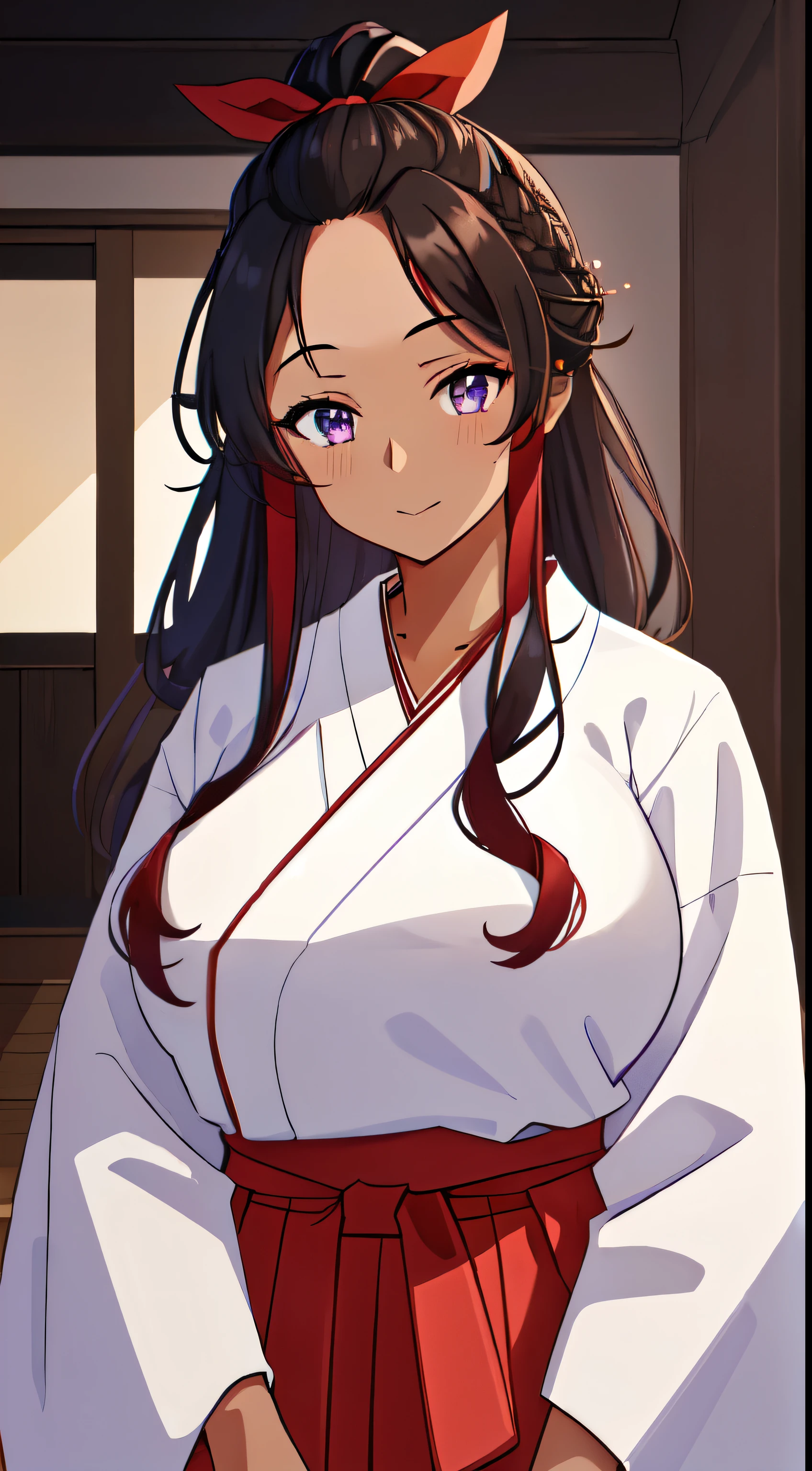 masterpiece, best quality, anime Illustration, 4k, 1 girl, solo, standing, long hair, black hair, violet eyes, high ponytail, red hair ribbon, red ribbon, red hakama and white kimono, big breasts, huge breasts, looking_at_viewer, lewd, mischievous grin, upper_body, dark skin, ((Village background:1.0)), ((dark skin: 1.5)), , ((parted bangs: 1.4)),  parted bangs, large forehead, purple eyes, red hakama,