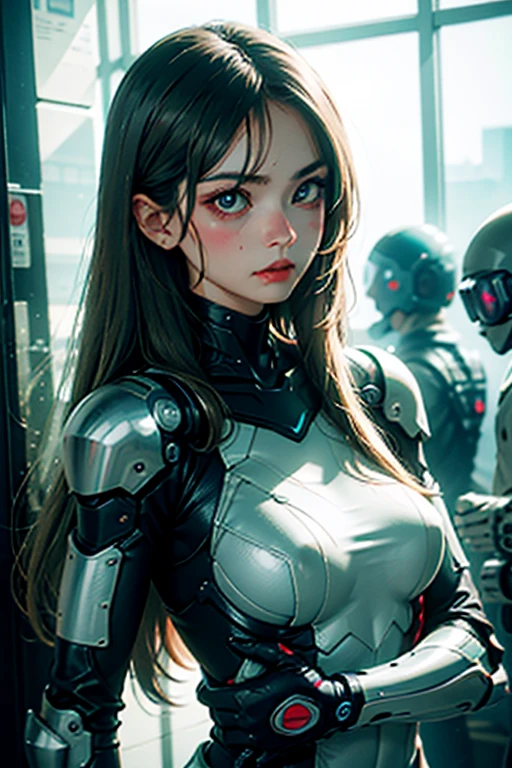cyborg、Cyberpunk Girl、Mechanical armor on both arms、Futuristic goggles、long green hair、White clothing