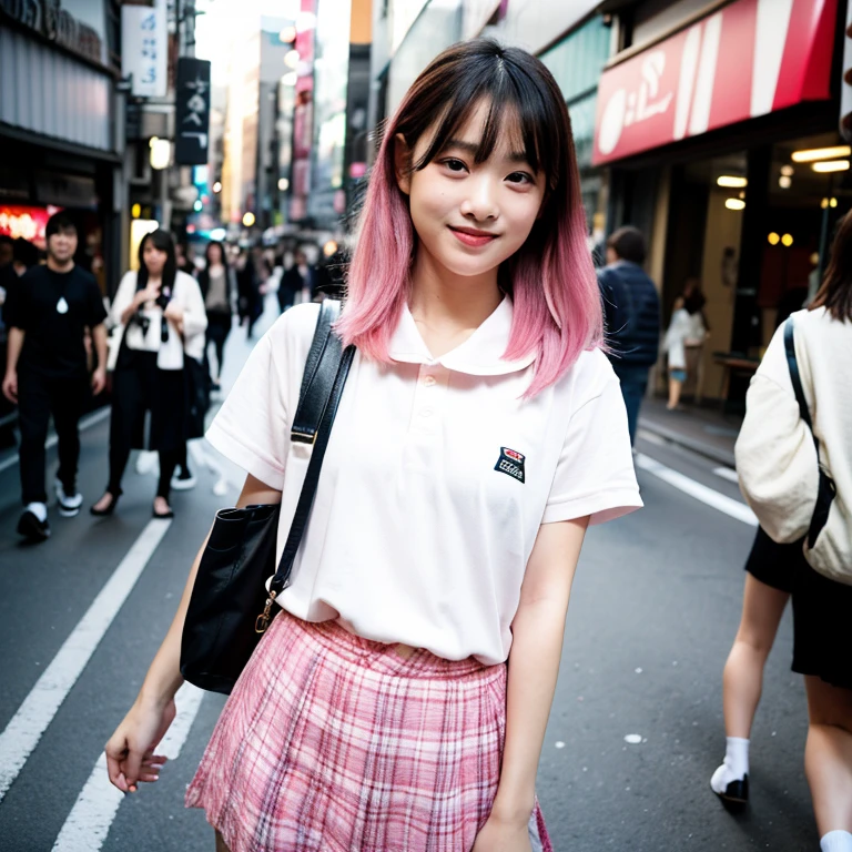 An unforgettable smile,Floating Hair, Flowing Hair, Pink Hair, Shortcuts,ピンク iris, Two-tone hair, Beautiful fine hair, Exquisite and beautiful face,, Clear Eyes, Soft lips, iris, Ultra Wide Angle,Whole body shot, 最high quality、masterpiece、超A high resolution、(Photorealistic:1.4)、Highly detailed CG Unity 8k wallpaper、Detailed and complex、original、High resolution、Raw photo、(Perfect figure)、Detailed and complex,、Digital SLR、Soft Lighting、high quality、Film Grain、Depth of written boundary、Leica Camera、50mm lens、Backlight、High resolution、Ultra-realistic、Color Grade、Dynamic Pose、Portrait、Japanese、Bans、(Crowded Akihabara:1.2)、Front View Viewer、Natural soft light、With a girl、20-year-old、Full Body Lesbian、solo、 student、University、uniform、Sailor collar、Bobby Socks、Pleated skirt、Daytime、in Street、Deep Shadow、cute、Beauty、Inconspicuous、Cold light 12000K \\ Street、Store status、Akihabara、Shinjuku、Shibuya Ward、Ikebukuro、detailed and realistic、Skin Texture、Ultra-detailed、リアルなSkin Texture、(dramatic、Award-winning photo、信じられないほどのmasterpiece:1.3)