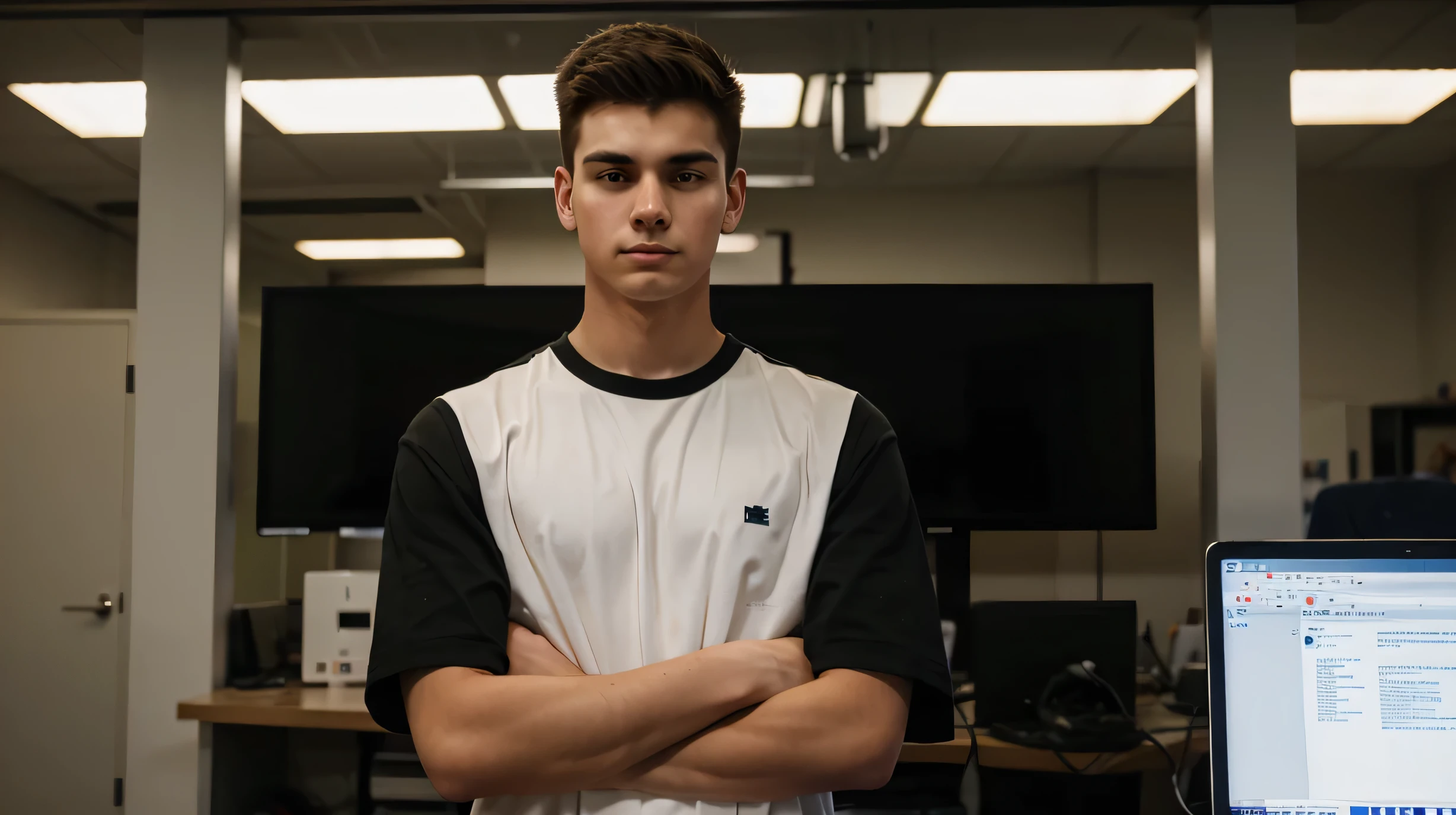 A 20 year old man stood behind him with his arms crossed. There is a screen that is writing code.