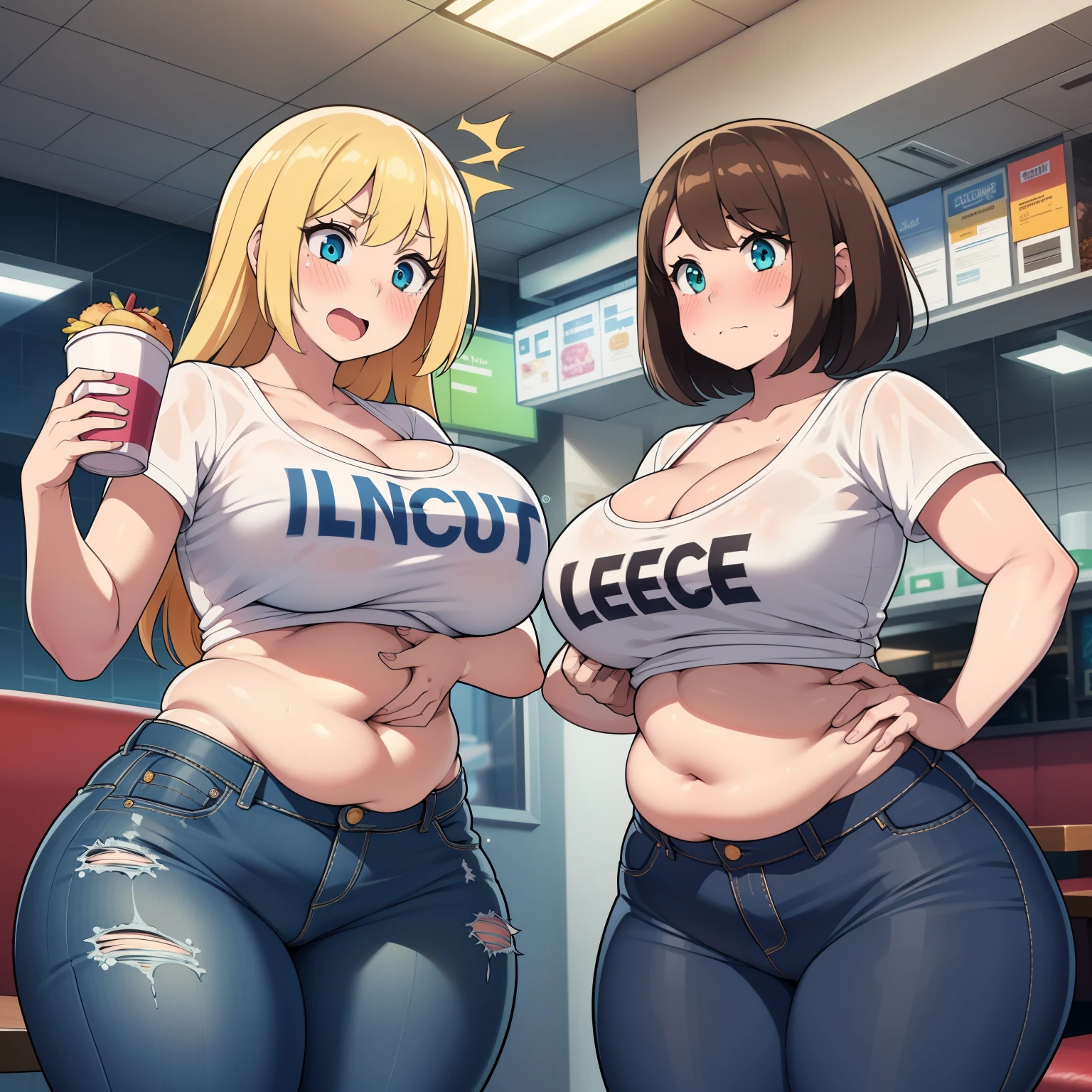 ((highres)), Masterpiece, high quality, best quality, beautiful, perfect lighting, detailed face, ultra cute face, ((blush)), embarrassed, (((2girls))), one girl has blonde hair, blue eyes, crop top and shorts, skindentation, one girl has brown hair, green eyes, jeans, white shirt, tight clothes, full body, fast food restaurant, medium breasts, ((wide hips)), ((thick thighs)), ((plump)), cleavage, chubby belly, fat folds, belly hang, standing, touching each other, breast bump, breast grab,