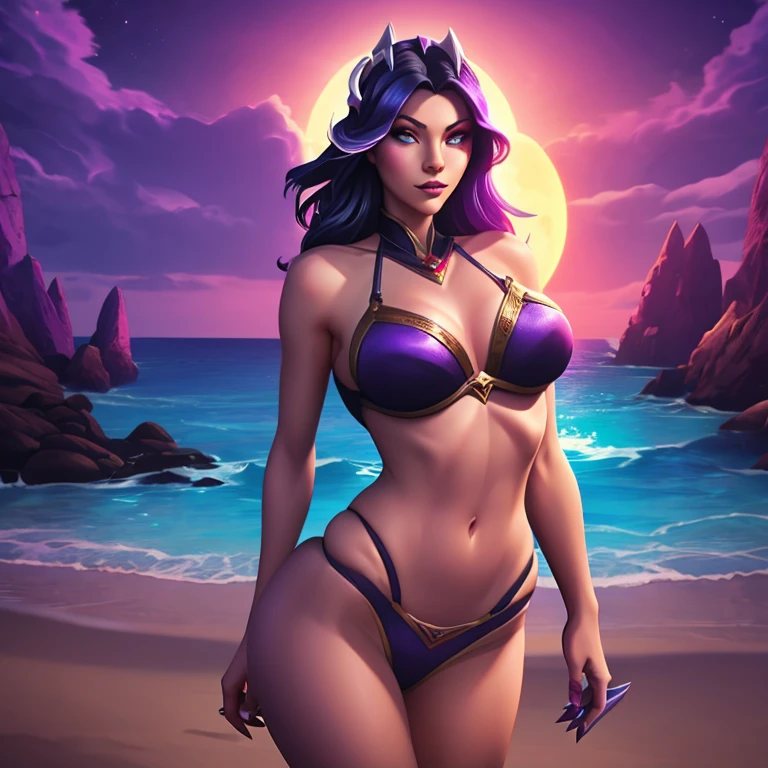 Coven Ahri, bem detalhado, black and purple bikini, na praia, mostrando o corpo todo, durante o por do sol, com suas 9 caldas bastante chamativas.