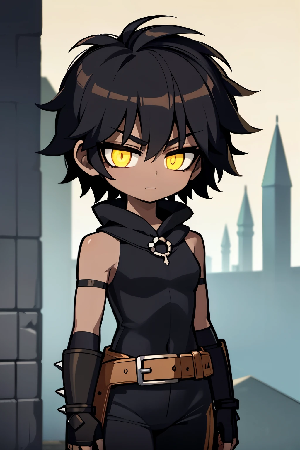 (high-quality, breathtaking),(expressive eyes, perfect face) ((1boy)), male, solo, young adult, black hair, yellow eyes, (short spiky hairstyles) short hair length, (dark skin), soft serious expression, Archer profession, thief attire, cargo pants, lots of belts, Black leather armor, cloak and dagger, environment background, fantasy clothing, fantasy attire, DnD rogue Class, half body, black and brown clothing palette, ((tan skin color)), rogue, leather arm guards, fantasy, (big Stigmata), character focus, ((black light)),((dark lighting)), cinematic lighting ,(darkness), (concept art), (glowing eyes), high resolution, extremely detailed CG unity 8k wallpaper, ((masterpiece)), ((top-quality)), (beautiful illustration), ((an extremely delicate and beautiful)), (masterpiece, Best quality, ultra high resolution), glowing yellow eyes, Luminous_eyes, ultra detailed eyes, Beautiful and detailed face, detailed eyes, (Centered, torso), (wide shot:0.9), facing the viewer, Eye level, ((fully clothed))