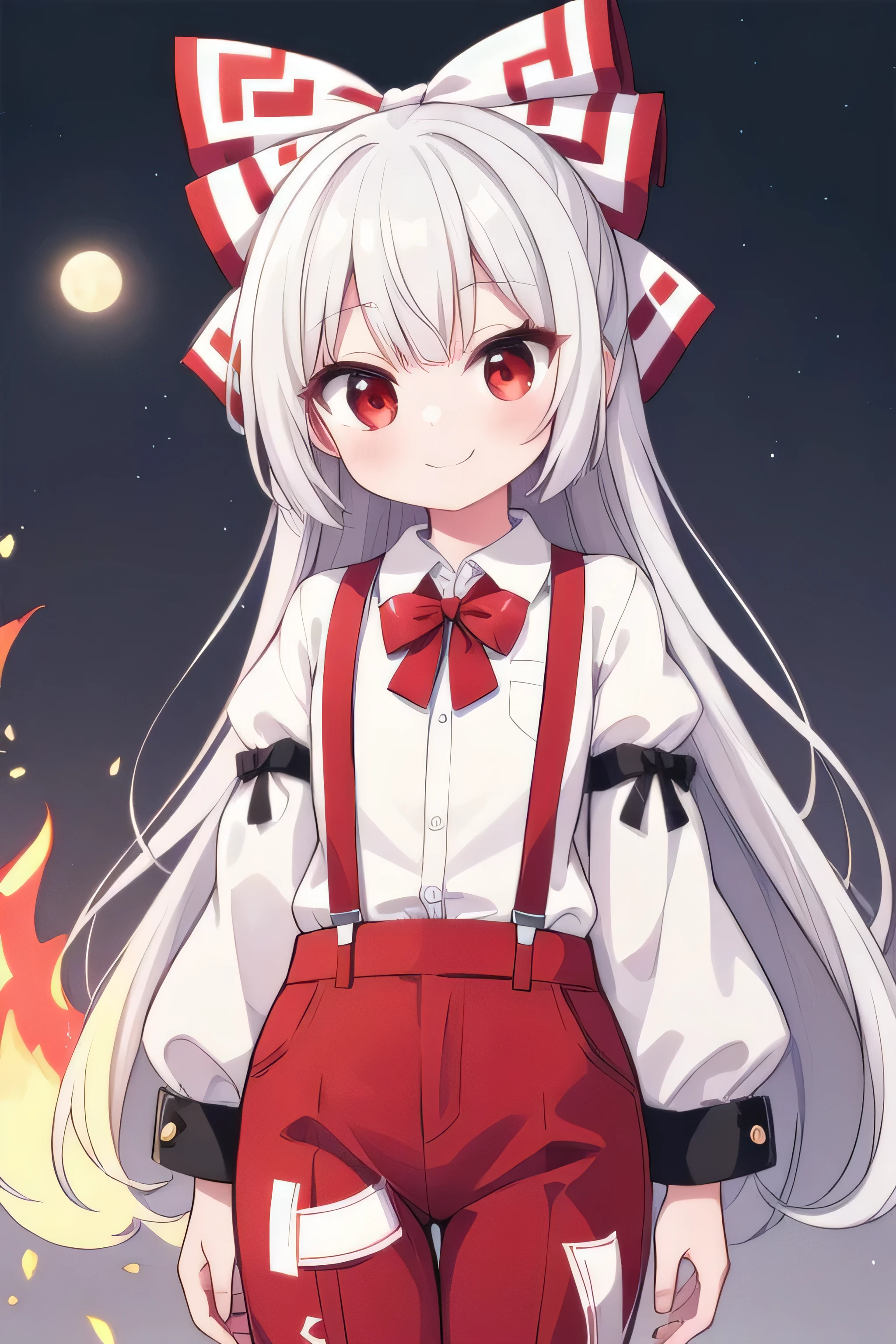 masterpiece, top quality, super detailed, CG illustration, high resolution, better lighting, best shadows, very delicate and beautiful, proper shading, hd, 8k,fujiwara no mokou, 1girl, solo, long hair, looking at viewer, smile, bangs, shirt, red eyes, bow, white shirt, white hair, hair bow, grey hair, collared shirt, pants, hand up, red bow, feet out of frame, moon, suspenders, fire, white bow, ofuda, red pants, torn sleeves, ofuda on clothes, two-tone bow