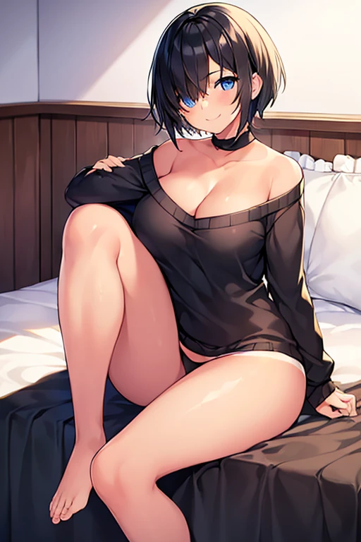 1girl, large breasts, tan, tan skin, sweater, black sweater, bare legs, smile, black hair, very short hair, blue eyes, bed sheet, cleavage, one eye covered, hair over one eye, ((bare legs)), sitting, happy