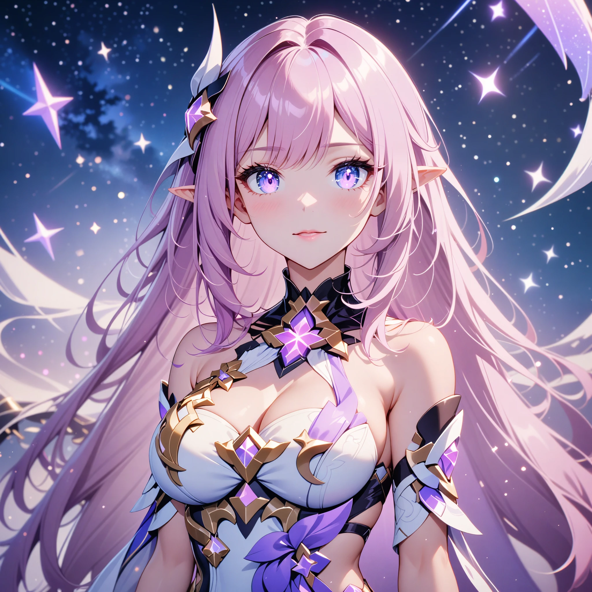 ai-generated,very aesthetic,1girl,elysia_/(herrscher_of_human:ego/)_/(honkai_impact/),pointed_ears,pink_hair,dreamy anime fantasy background,raytracing,light purple eyes,criin,mihoyo,kagaya studio,floating,light particles,dsmile,starry sky, shooting stars,celestial,intricate,large breasts, glossy lips, long eyelashes,goddess