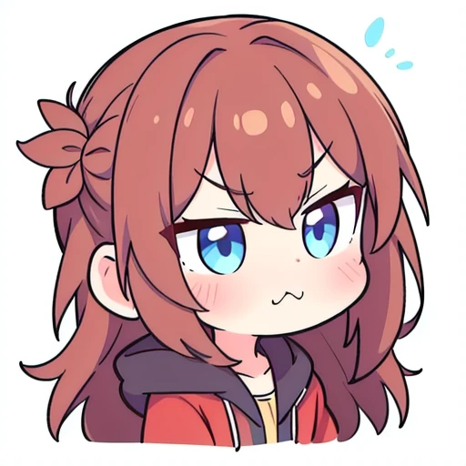 a chibi emoji of a cheeky anime girl with reddish brown long hair fishtail style, blue eyes,sharp jawline, ((pouting)),pout, pouting face, blushing , hmph, not interested to listen,(side view )