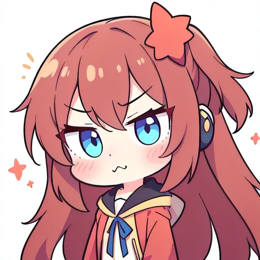 a chibi emoji of a cheeky anime girl with reddish brown long hair fishtail style, blue eyes,sharp jawline, ((pouting)),pout, pouting face, blushing , hmph, not interested to listen,(side view )