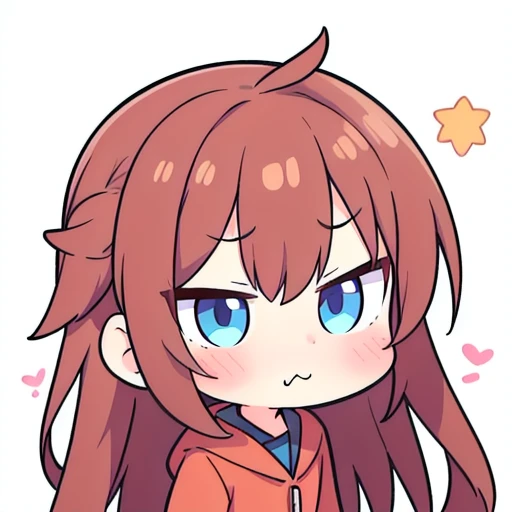 a chibi emoji of a cheeky anime girl with reddish brown long hair fishtail style, blue eyes,sharp jawline, ((pouting)),pout, pouting face, blushing , hmph, not interested to listen,(side view )