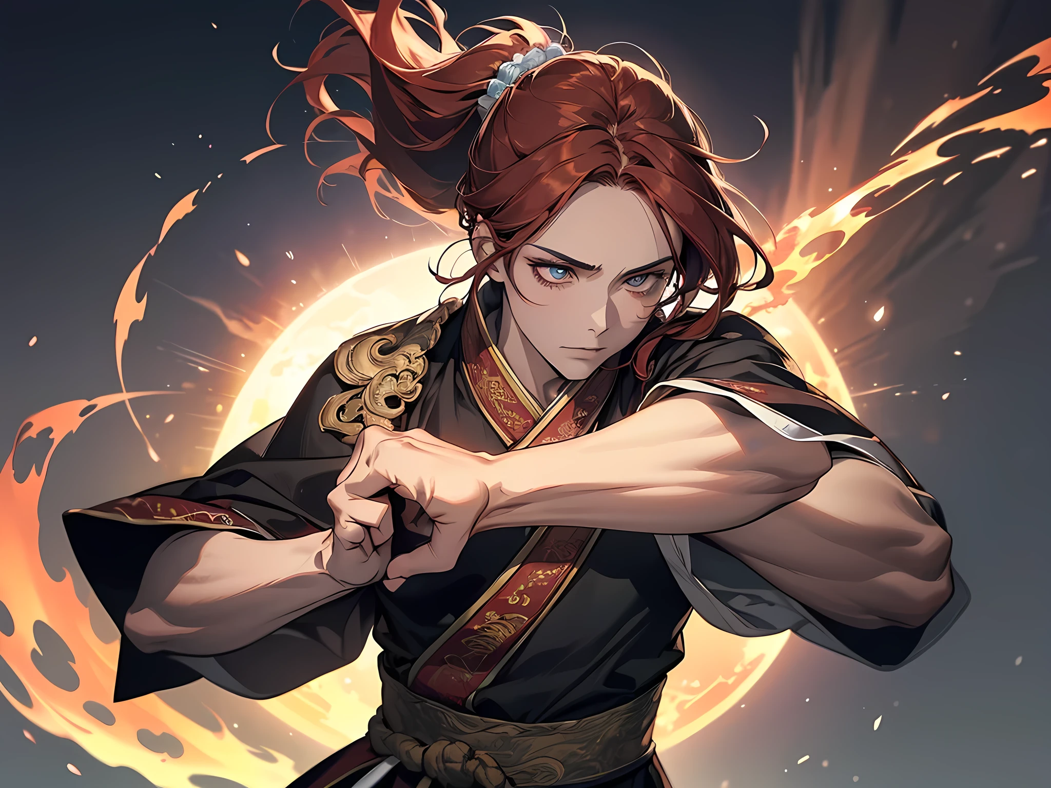 ((1 man)), ((realistic: 1.5)), ((best quality)), ((primary work)), ((detailed)), ((high quality)), ((sharp focus)), ((beautiful eyes finely detailed)), A Kung Fu artist, He does a dynamic fighting pose, pony tail, red pony tail, long red hair with pony tail, ready to puch, flames coming out from his fist, Swirling rainbows and lights on complex background, magical atmosphere, colorful glowing magic spell in the air, swirling portal, dark magic, masterpiece, high-resolution. Lighting is dramatic, emphasizing their determination, wearing hanfu, hanfu