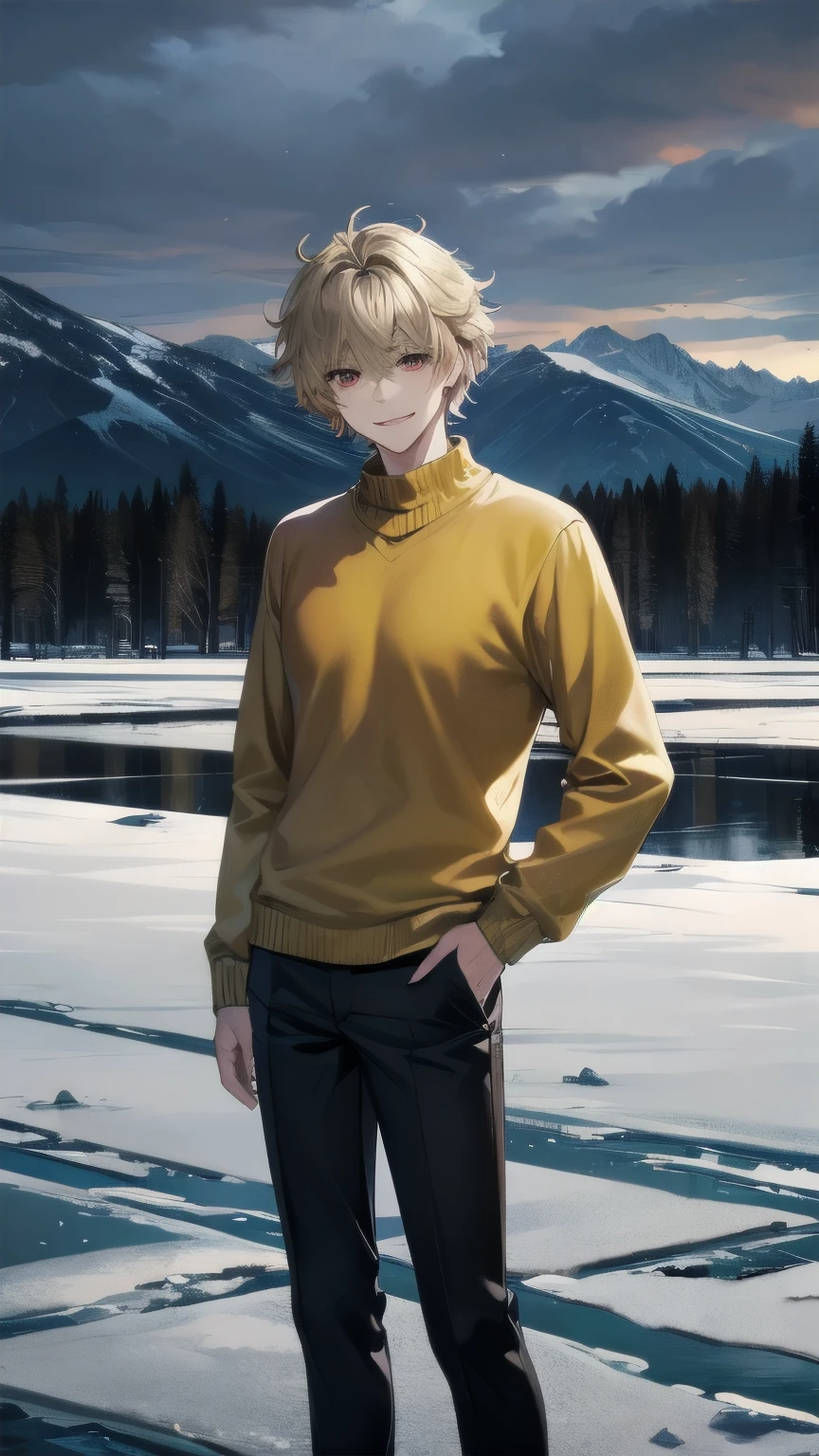(masterpiece), best quality, expressive eyes, perfect face, mature male, (1boy, handsome man), solo, blond hair, messy hair, red eyes BREAK muscle growth, snow forest, ice, icy floor, cloudy sky, standing, yellow sweater BREAK black pants BREAK closed mouth, smile, 