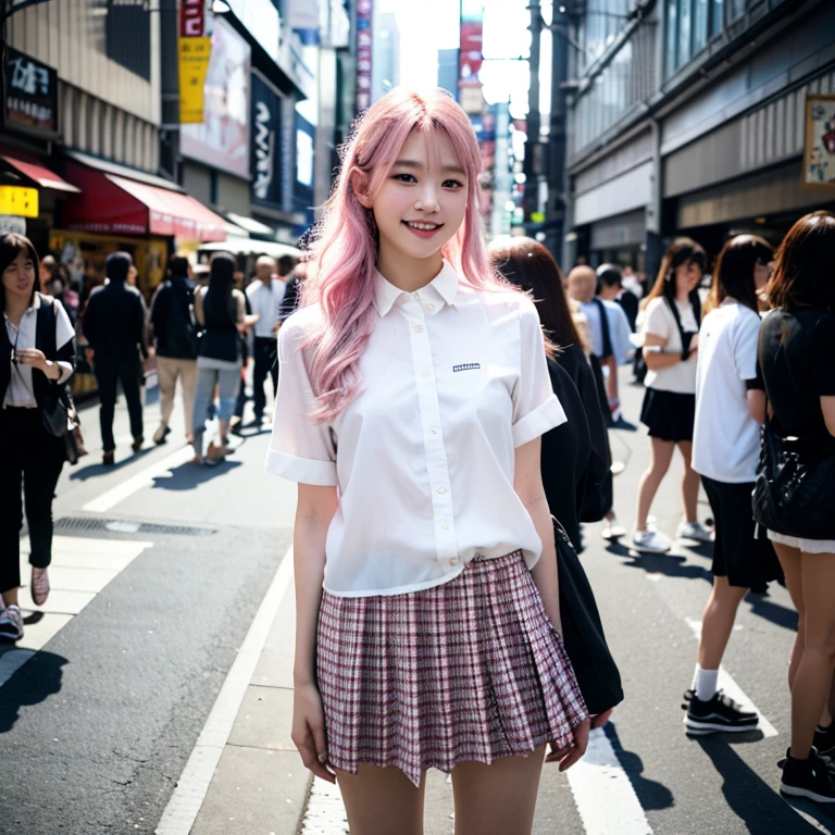 An unforgettable smile,Floating Hair, Flowing Hair, Pink Hair, Long Hair,ピンク iris, Two-tone hair, Beautiful fine hair, Exquisite and beautiful face,, Clear Eyes, Soft lips, iris, Ultra Wide Angle,Whole body shot, 最high quality、masterpiece、超A high resolution、(Photorealistic:1.4)、Highly detailed CG Unity 8k wallpaper、Detailed and complex、original、High resolution、Raw photo、(Perfect figure)、Detailed and complex,、Digital SLR、Soft Lighting、high quality、Film Grain、Depth of written boundary、Leica Camera、50mm lens、Backlight、High resolution、Ultra-realistic、Color Grade、Dynamic Pose、Portrait、Japanese、Bans、(Crowded Akihabara:1.2)、Front View Viewer、Natural soft light、With a girl、20-year-old、Full Body Lesbian、solo、 student、University、uniform、shirt、Bobby Socks、Checkered pleated skirt、Daytime、in Street、Deep Shadow、cute、Beauty、Inconspicuous、Cold light 12000K \\ Street、Store status、Akihabara、Shinjuku、Shibuya Ward、Ikebukuro、detailed and realistic、Skin Texture、Ultra-detailed、リアルなSkin Texture、(dramatic、Award-winning photo、信じられないほどのmasterpiece:1.3)