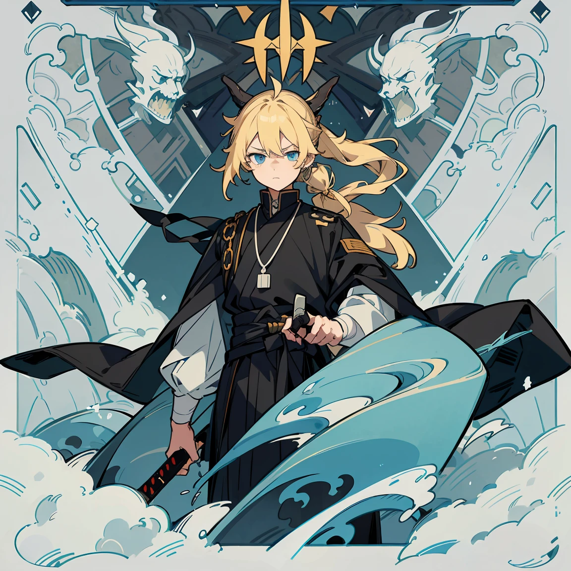 A boy with long blonde hair tied up, with blue eyes, with a cold expression, wearing a Black Kimono with a black demon hunter uniform with yellowish markings on its print, with a multi-cuff buttoned shirt under his hunter's uniform and various Magatama necklaces on his neck and wrists with a thick blue cloth tied to his waist, and with his katana in hand; being alone in a frozen forest and with several dead Yokais on the ground.