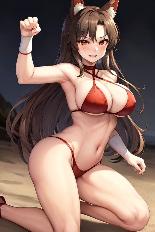 masterpiece, best quality, beautiful art, high resolution, well formed hands, body and fingers, 1 woman, solo, Imaizumi Kagerou, wolf ears and wolf tail, adult, big breasted, cleavage, full body, long hair, hair ornament, gorgeous legs and thighs, smile, wearing a sexy dancer outfit, sexy and skimpy bikini, she is fighting in a combat match at a martial arts tournament, she is getting ready to fight, making her guard pose, action and fighting scene, about to hit the viewer, looking at the viewer, sweating , feeling confident and proud, smiling joyfully and happily, charming her opponent with her beauty, fighting scene, martial arts tournament on the beach