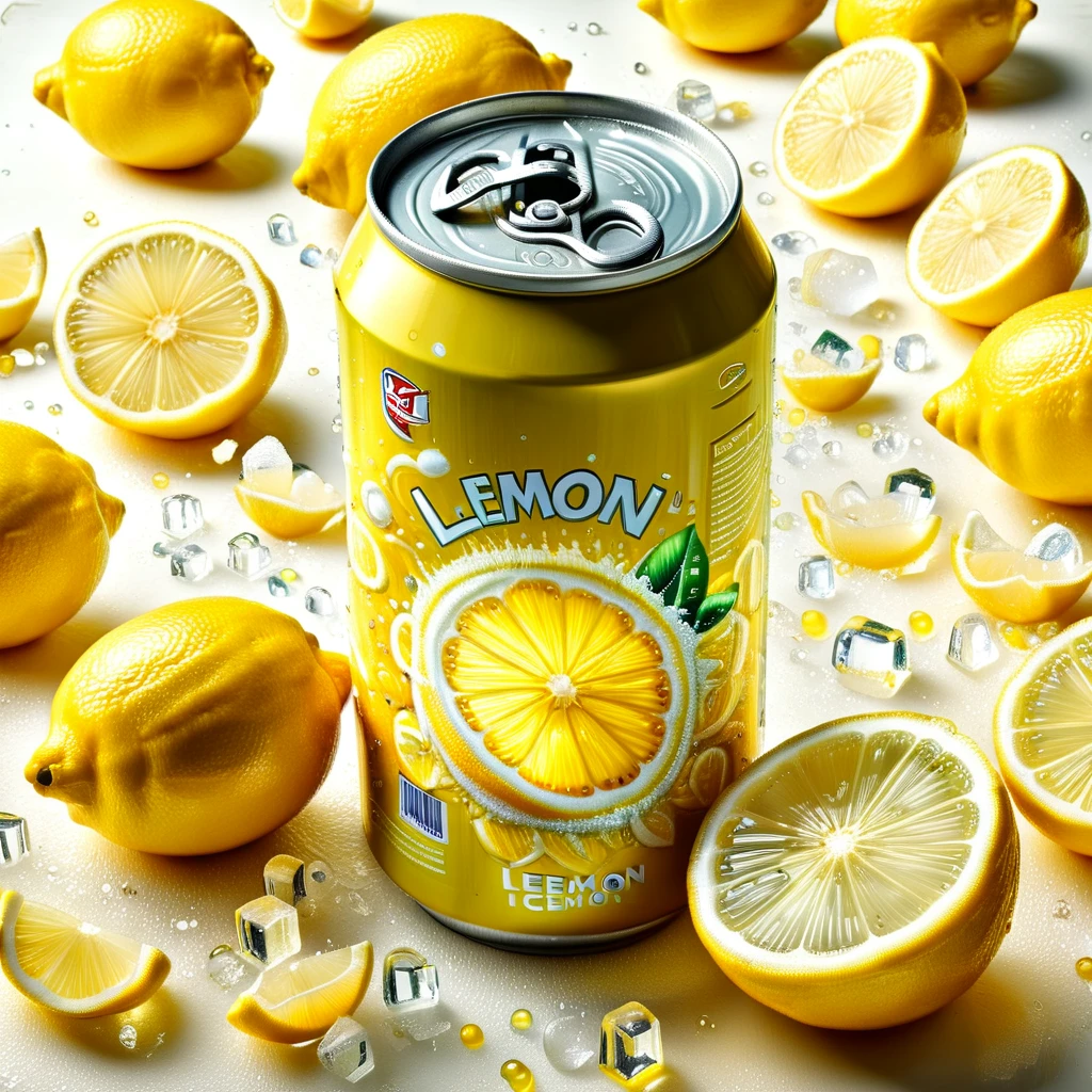 A high-detail, realistic image of a tin can soft drink bottle, themed around lemon flavours. The drink bottle is surrounded by slices of lemon and ice cubes, with wisps of chilly vapor wrapping around the arrangement, personifying the cold freshness of the beverage. Also prominently included is a 3D text saying 'Lemon Fresh'. This vivid scene should conjure the refreshing sensation of a fizzy lemon drink on a warm day. The final image is preferred to have the richness and clarity of a 4K resolution image.