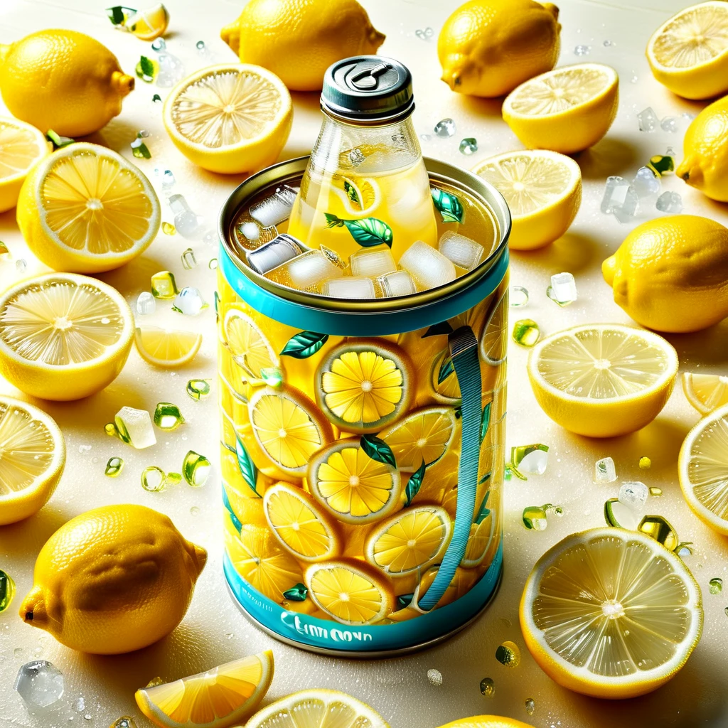 A high-detail, realistic image of a tin can soft drink bottle, themed around lemon flavours. The drink bottle is surrounded by slices of lemon and ice cubes, with wisps of chilly vapor wrapping around the arrangement, personifying the cold freshness of the beverage. Also prominently included is a 3D text saying 'Lemon Fresh'. This vivid scene should conjure the refreshing sensation of a fizzy lemon drink on a warm day. The final image is preferred to have the richness and clarity of a 4K resolution image.