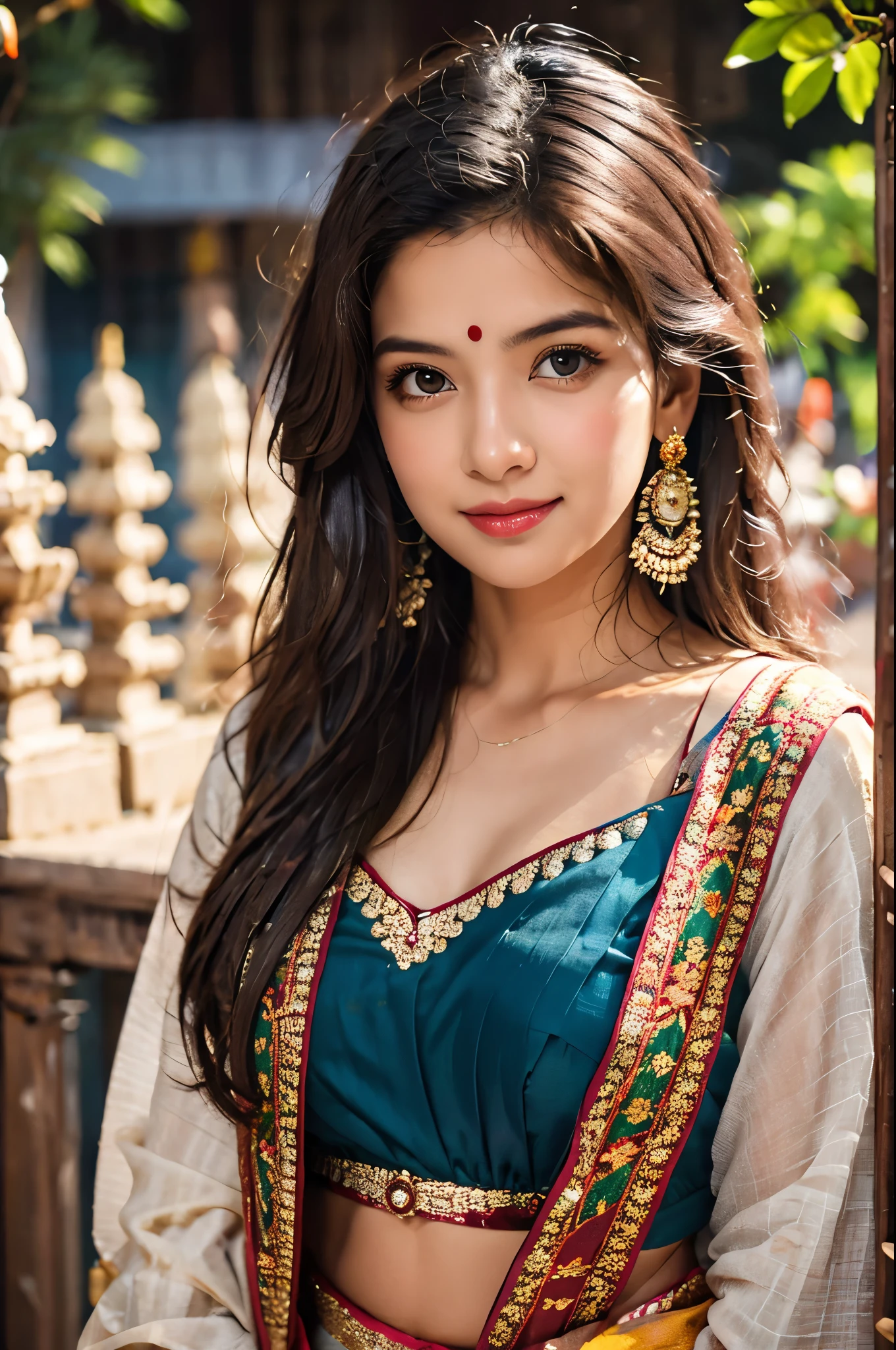 masterpiece, centered, ****ung Indian woman with a cute and radiant face, featuring exquisitely detailed eyes, expressing a mix of shyness and joy, dressed in vibrant traditional Indian attire. She has a slim figure and medium-sized breasts. Generate an 8k image, risbeauty indian,
