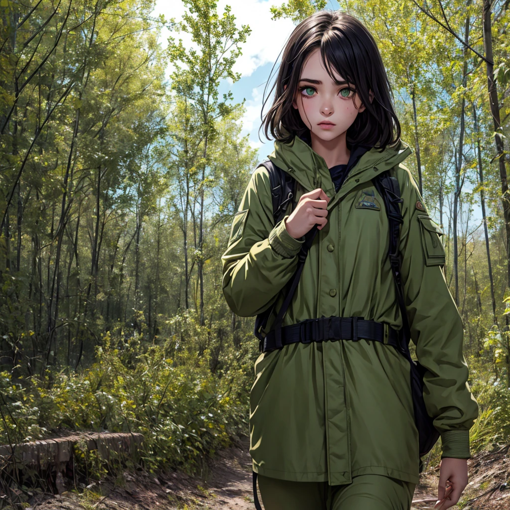 Girl in combenison, Chernobyl exclusion zone, S.T.A.L.K.E.R, dark hair, green eyes, scar above her left eyebrow, unarmed, five fingers on her left hand, five fingers on her right hand, sad.