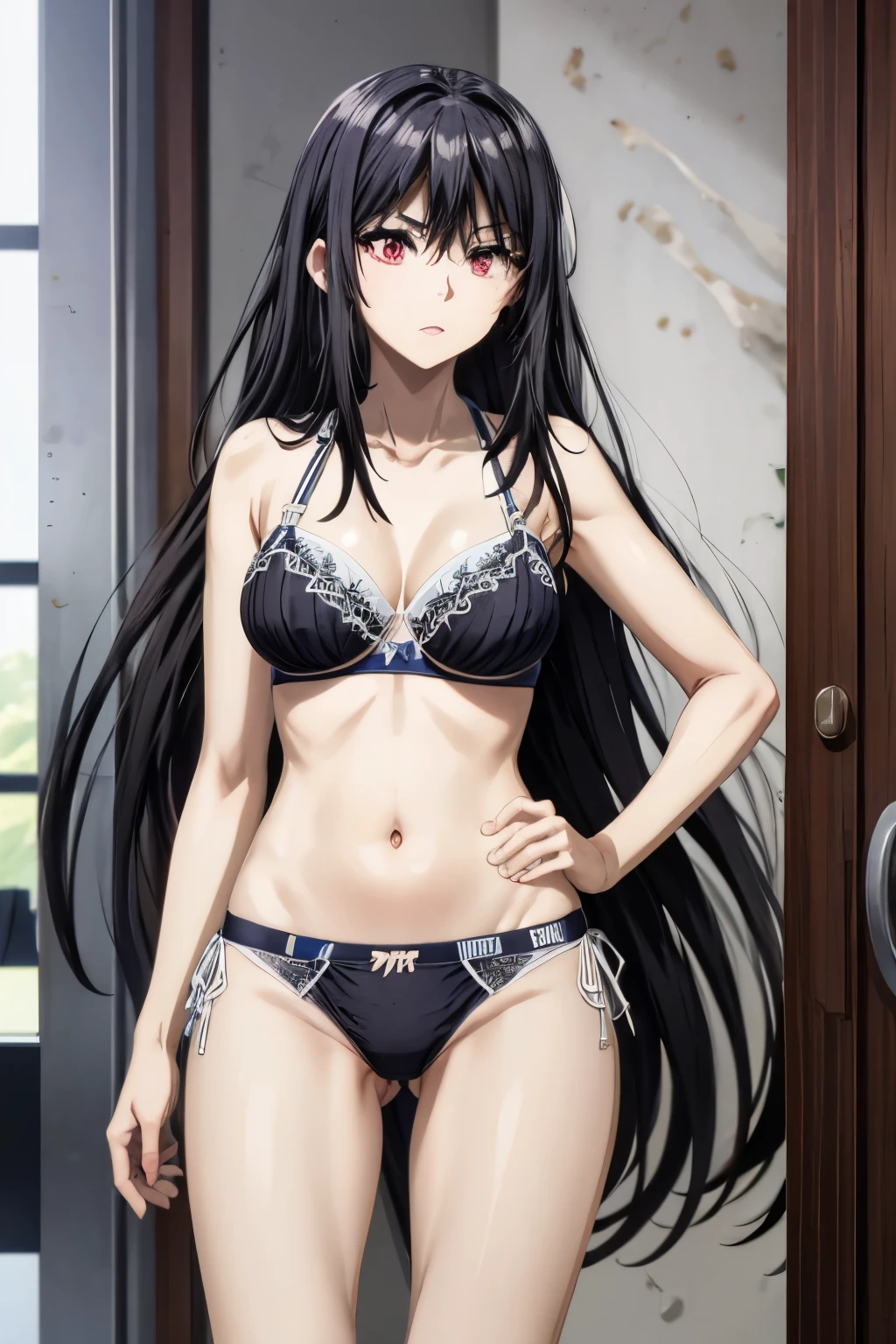 Bra,underwear,bikini,red eyes,black hair
