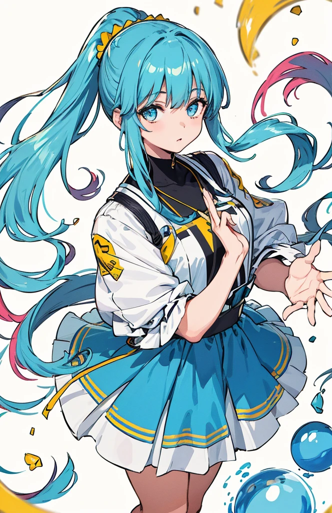 (masterpiece), (best quality), (ultra detailed),(disheed hair),(illustration), (1girl), (Fashionable clothing), standing, Fashion model, looking at viewer, (interview), (simple background), Beautiful detailed eyes, delicate beauty, floating, (high saturation), (colorful splash), colorful bubbles, (shine), focus on the face, ponytail, Ayaka Kamisato, light blue hair, bangs, scrunchies, floating flowers, flowing hair, (shiny), best lighting, best shadows, perfect hands