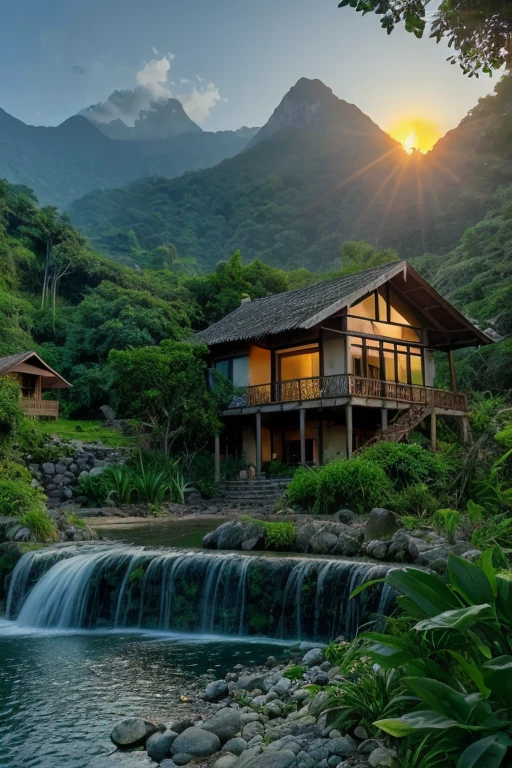 House in the jungle in front of the lake and waterfall nearby mountain with sun set and flowers