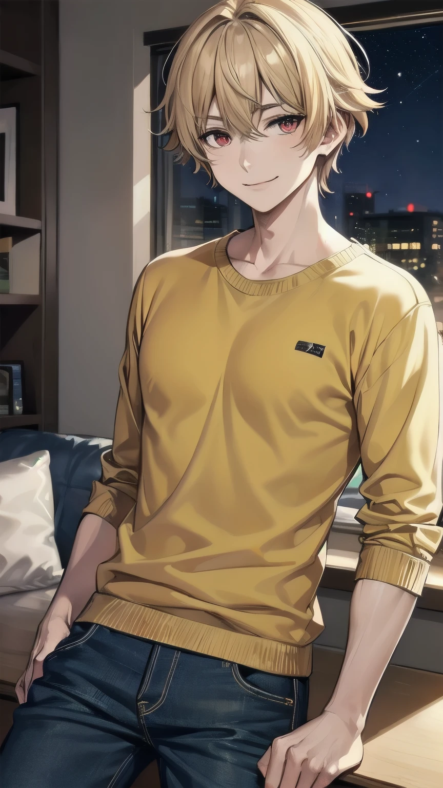 (masterpiece), best quality, expressive eyes, perfect face, mature male, (1boy, handsome man), solo, blond hair, messy hair, red eyes BREAK muscle growth, winter, indoors, window, night sky, living room, standing, coffee, looking at viewer, yellow sweater BREAK blue pants BREAK closed mouth, smile, looking at viewer 