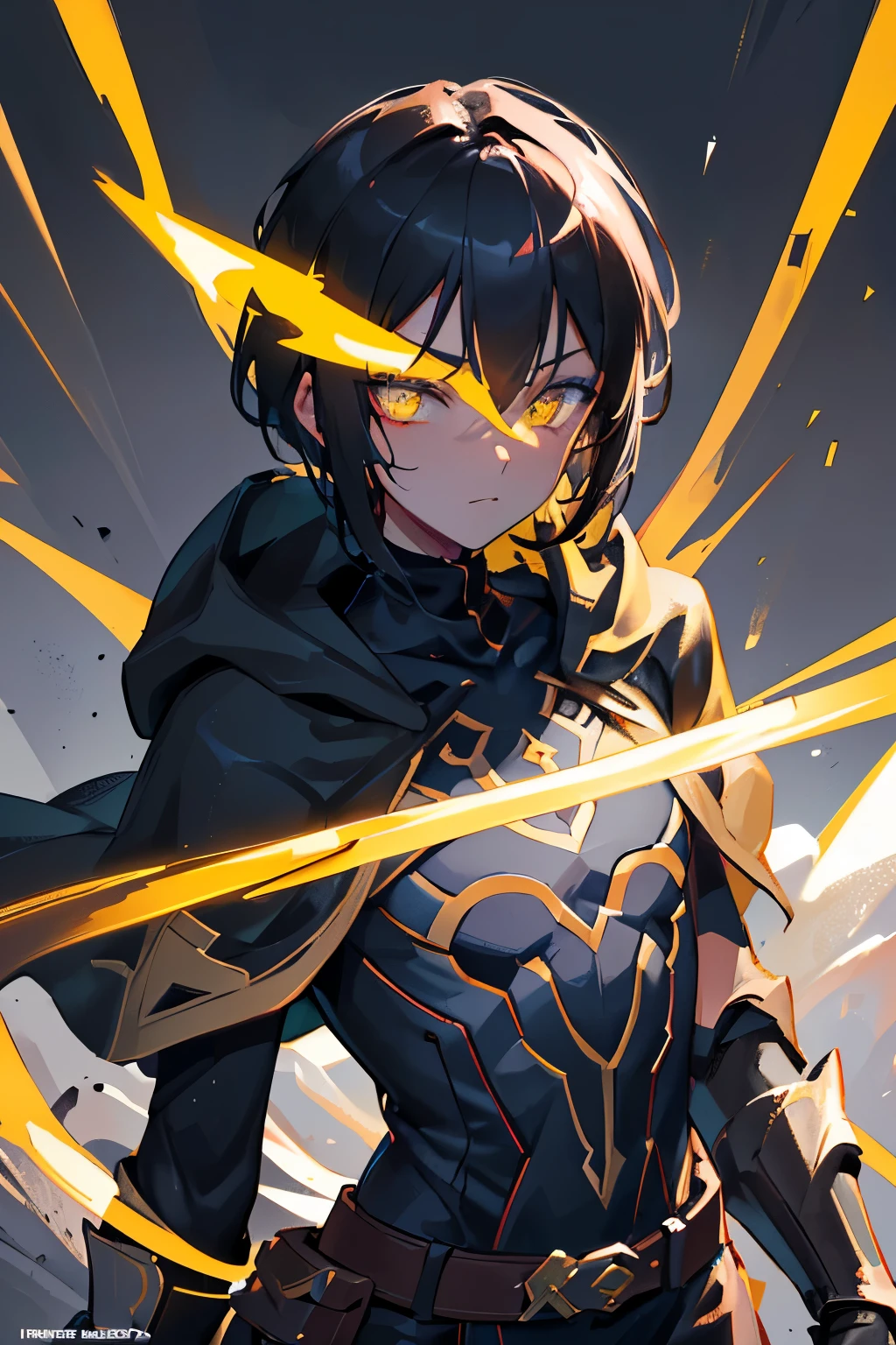 (high-quality, breathtaking),(expressive eyes, perfect face) ((1boy)), male, solo, young adult, black hair, yellow eyes, (short spiky hairstyles) short hair length, (dark skin), soft serious expression, Archer profession, thief attire, cargo pants, lots of belts, Black leather armor, cloak and dagger, environment background, fantasy clothing, fantasy attire, DnD rogue Class, half body, black and brown clothing palette, ((tan skin color)), rogue, leather arm guards, fantasy, (big Stigmata), character focus, ((black light)),((dark lighting)), cinematic lighting ,(darkness), (concept art), (glowing eyes), high resolution, extremely detailed CG unity 8k wallpaper, ((masterpiece)), ((top-quality)), (beautiful illustration), ((an extremely delicate and beautiful)), (masterpiece, Best quality, ultra high resolution), glowing yellow eyes, Luminous_eyes, ultra detailed eyes, Beautiful and detailed face, detailed eyes, (Centered, torso), (wide shot:0.9), facing the viewer, Eye level, ((fully clothed))
