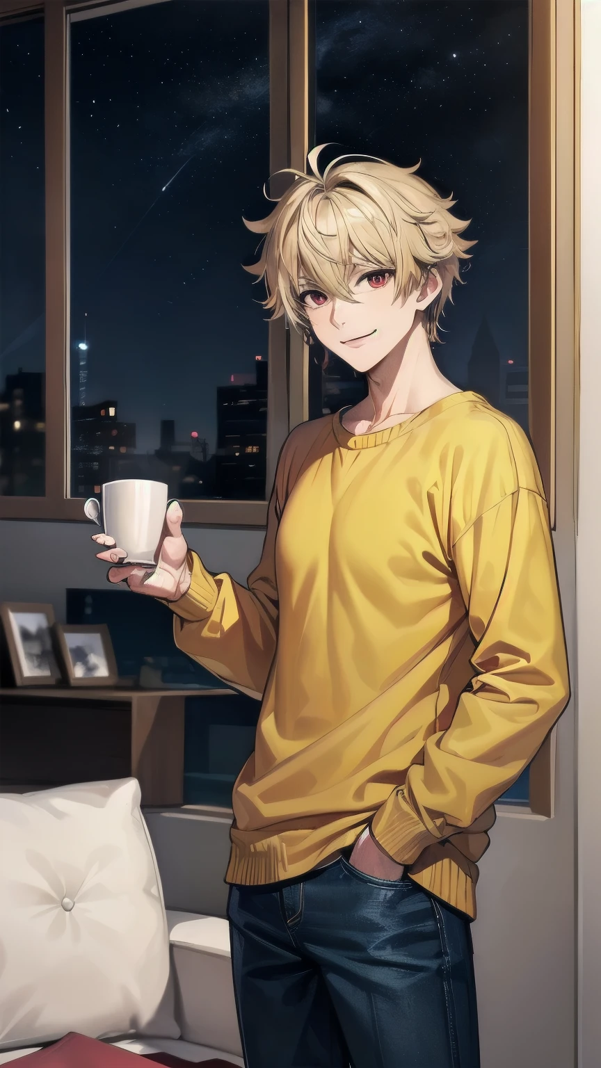 (masterpiece), best quality, expressive eyes, perfect face, mature male, (1boy, handsome man), solo, blond hair, messy hair, red eyes BREAK muscle growth, winter, indoors, window, night sky, living room, standing, coffee, looking at viewer, yellow sweater BREAK blue pants BREAK closed mouth, smile, looking at viewer