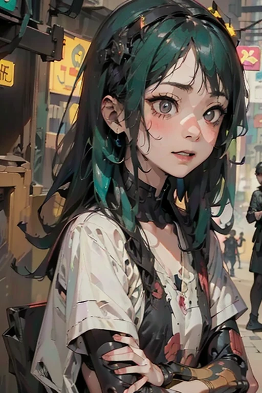 cyborg、Cyberpunk Girl、Mechanical armor on both arms、Futuristic goggles、long green hair、White clothing