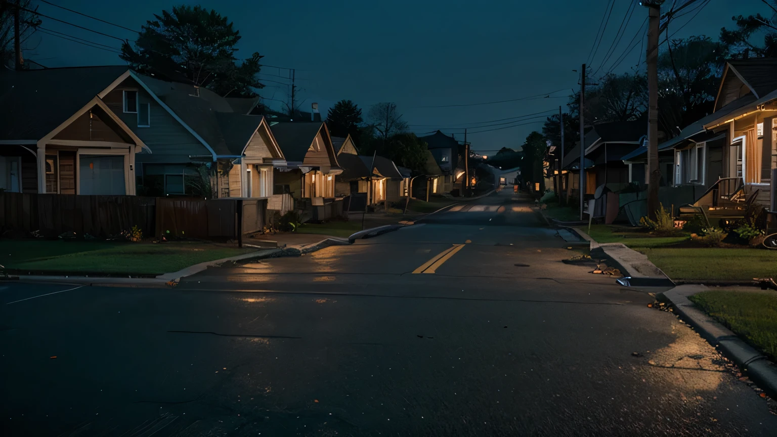 Visual Prompt: A rundown suburban street at dusk, with flickering streetlights and boarded-up houses.