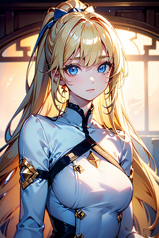 Portrait、、Bright expression、ponytail、Young, shiny, white, glossy skin、Gloss Face、Shining Cheek Gloss、Small Face Beauty、The best beauty、The dazzling light of blonde hair、Bright blonde hair with dazzling highlights、Very beautiful shiny light blonde hair、super long silky straight hair、Her shiny, beautiful bangs are covering her eyes.、Sparkling, clear, attractive, bright, large, pale blue eyes、Very big eyes、eyeliner、very beautiful lovely cute 16 year old girl、Ample Bust, full body 
