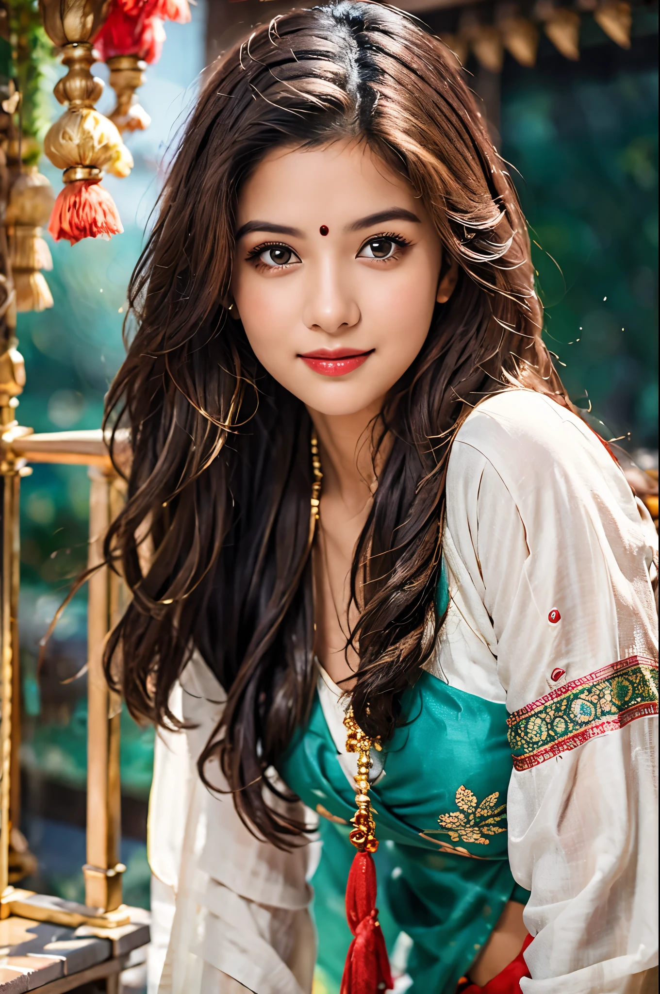 masterpiece, centered, 1 young Indian woman with a cute and radiant face, featuring exquisitely detailed eyes, expressing a mix of shyness and joy, dressed in vibrant traditional Indian attire. She has a slim figure and medium-sized breasts. Generate an 8k image, risbeauty indian,
