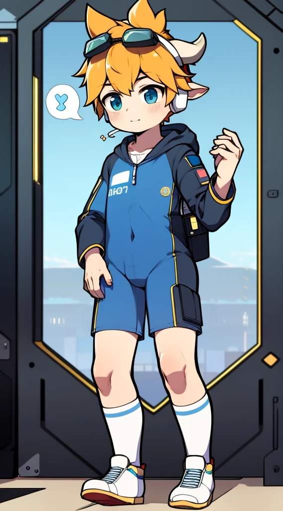 Two-dimensional boy,One-piece mountaineering suit,horn,Cow ears,Put the headphones on your head,stand up,goggles,sports shoes,Slim,😊,Sailor collar,Knee socks,Short sleeve,Leg ring