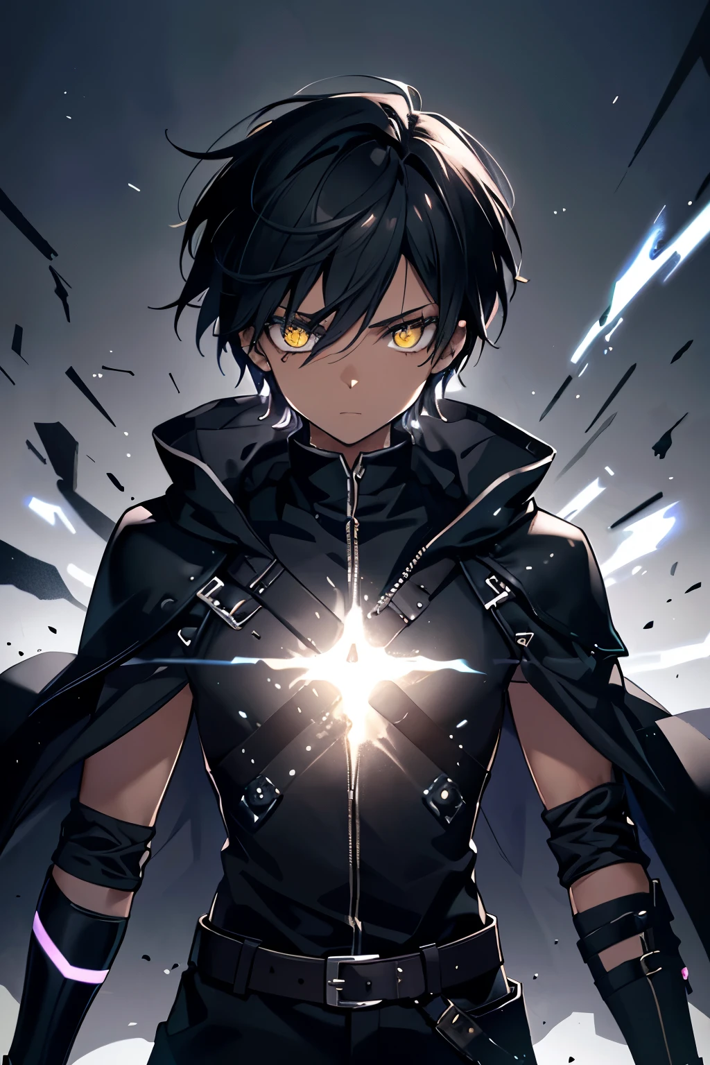 (high-quality, breathtaking),(expressive eyes, perfect face) ((1boy)), male, solo, young adult, black hair, green eyes, (short spiky hairstyles) short hair length, (dark skin), soft serious expression, Archer profession, thief attire, cargo pants, lots of belts, Black leather armor, cloak and dagger, environment background, fantasy clothing, fantasy attire, DnD rogue Class, half body, black and brown clothing palette, ((tan skin color)), rogue, leather arm guards, fantasy, (big Stigmata), character focus, ((black light)),((dark lighting)), cinematic lighting ,(darkness), (concept art), (glowing green eyes), high resolution, extremely detailed CG unity 8k wallpaper, ((masterpiece)), ((top-quality)), (beautiful illustration), ((an extremely delicate and beautiful)), (masterpiece, Best quality, ultra high resolution), glowing yellow eyes, Luminous_eyes, ultra detailed eyes, Beautiful and detailed face, detailed eyes, (Centered, torso), (wide shot:0.9), facing the viewer, Eye level, ((fully clothed)), cat ears 