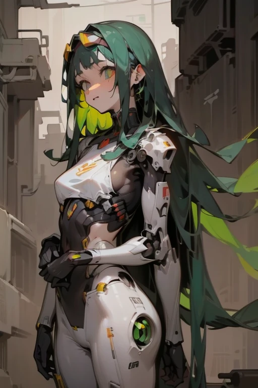 cyborg、Cyberpunk Girl、Mechanical armor on both arms、Futuristic goggles、long green hair、White clothing
