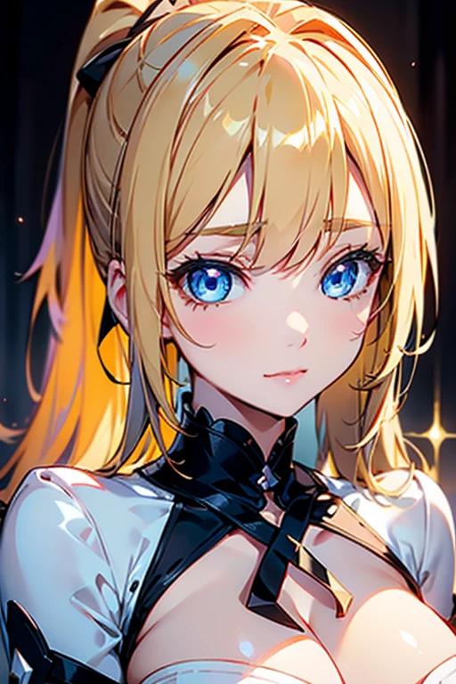 Portrait、、Bright expression、ponytail、Young, shiny, white, glossy skin、Gloss Face、Shining Cheek Gloss、Small Face Beauty、The best beauty、The dazzling light of blonde hair、Bright blonde hair with dazzling highlights、Very beautiful shiny light blonde hair、super long silky straight hair、Her shiny, beautiful bangs are covering her eyes.、Sparkling, clear, attractive, bright, large, pale blue eyes、Very big eyes、eyeliner、very beautiful lovely cute 16 year old girl、Ample Bust, full body