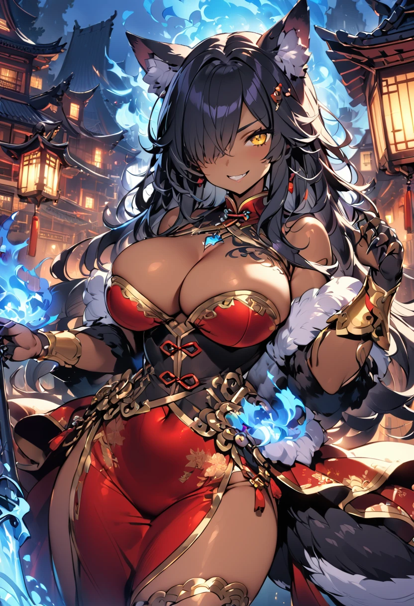 8k_wallpaper, extremely detailed eyes, extremely detailed body, (large masterpiece digital art), (detailed manga illustration), (detailed line art), ((perfect anatomy)), (intricate details:1.3), (ultra-detailed:1.3), (illustration:1.3), (sharp focus:1.3), (natural lighting:1.05), (vivid colors:1.3), (masterpiece), (best quality:1.4), (perfect anatomy:1.4), high quality, expressive eyes, full body, detailed face, beautiful face, perfect face, 1girl, dark skin, animal ears, black sclera, smile, colored sclera, breasts, solo, monster girl, black hair, (wolf ears), large breasts, curvy, wide hips, long hair, ((gold eyes)), claws, grin, fur, looking at viewer, collar, dynamic pose, tail, wolf tail, dragon horns, wings, sadistic smile, hair over eye, {regal outfit}, tiny top hat, (hellscape background), blue fire, curvy, china dress, dark skin,