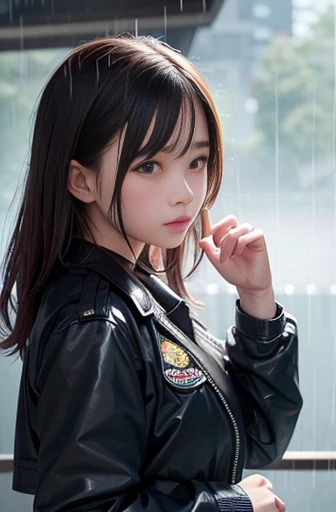A girl alone in the rain、Blushing cheeks、Looking at the audience、heavy rain、Big Breasts、top gun jacket.Open jacket、I't'I don't have an umbrella、Under the Rain、Girl without an umbrella、Wet Face,Wet Skin、Wet body、Wet costume、Wet Hair、flower、hairpin、necklace、Looking up from under the earrings、Written boundary depth、尖ったRed Mouth、(Reddish brown wet shiny short hair 21.7),Red Mouth,clavicle、Beautiful fingers、Hourglass-shaped body、Full body portrait、cute Wet Face、digital illustration,Single-lens reflex camera, (Photorealistic:1.3),(RAW Photos.), (Tabletop,highest quality,Ultra-high resolution output images,) (8K quality,),(Picture Mode Ultra HD,),(Picture Mode Ultra HD)、