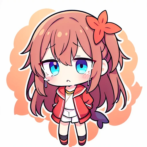 a chibi emoji of an shy anime girl with reddish brown long hair fishtail style, blue eyes,sharp jawline, crying, teary eyes, sad , depressed 